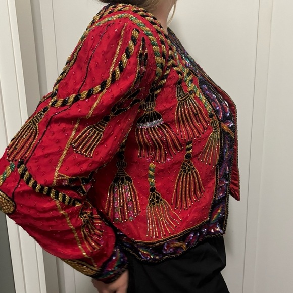 Vintage Niteline Red Sequined Holiday Jacket Tassels Silk Blazer 80s XL - Picture 5 of 9